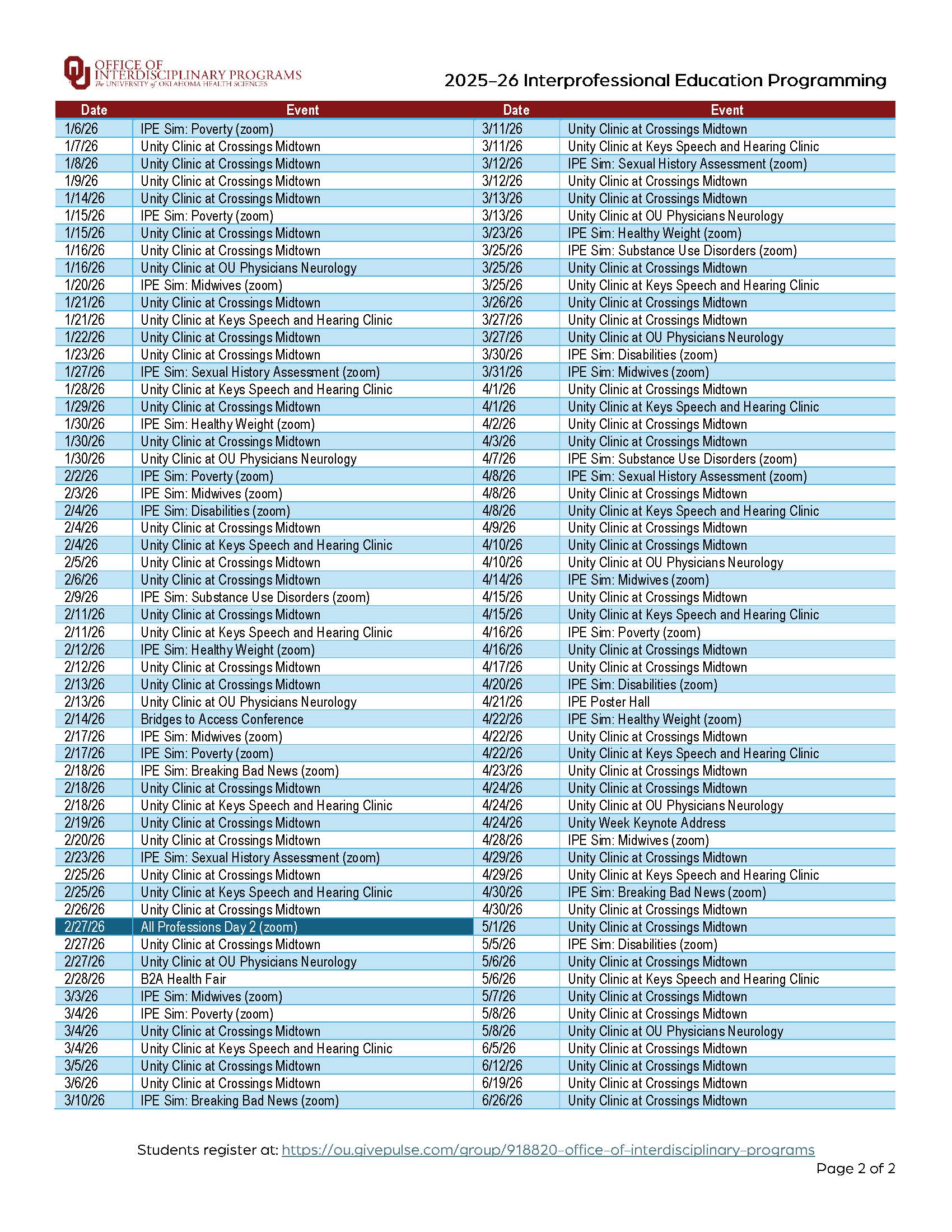 A screenshot of the calendar in list view