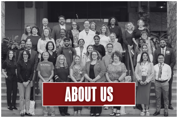 Black and white image of faculty, staff, and students posing on the stairs outside of the Bird Library. Title on image says "About Us".