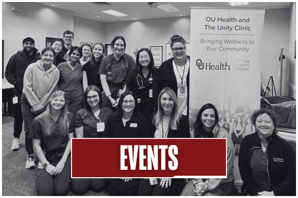 Black and white image of students, faculty, and staff gathered at an outreach event in the community. Title on image says "Events".