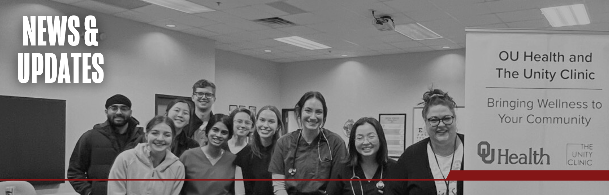 Black and white image of students, faculty, and staff gathered at an outreach event in the community. Title on image says "Events".