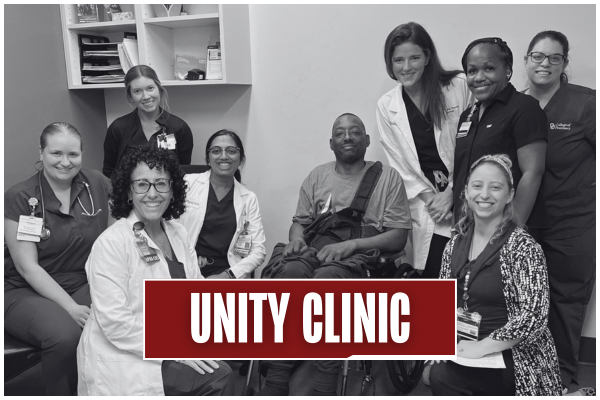 Black and white image of a smiling Unity Clinic at Keys Clinic. Title on image says 