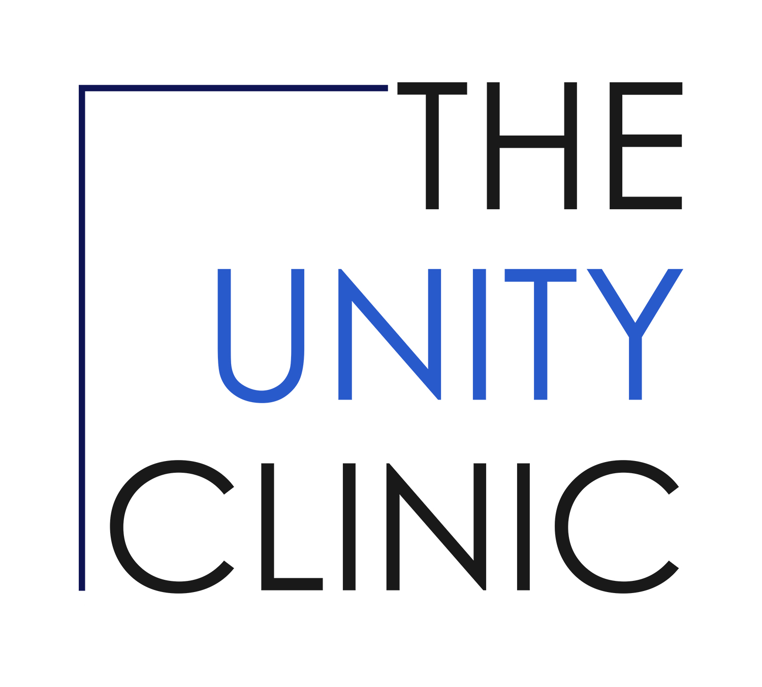 Unity Clinic Logo in in black and blue text
