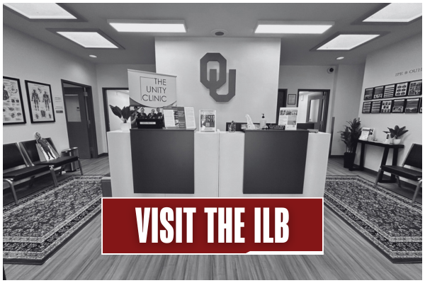 Black and white image of the lobby of the Interdisciplinary Learning Building. Title on image says "Visit the ILB".