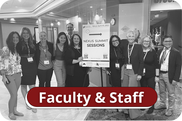 Black and white image of ten student, faculty, and staff members smiling together at a national conference. Title on image says "Faculty & Staff".